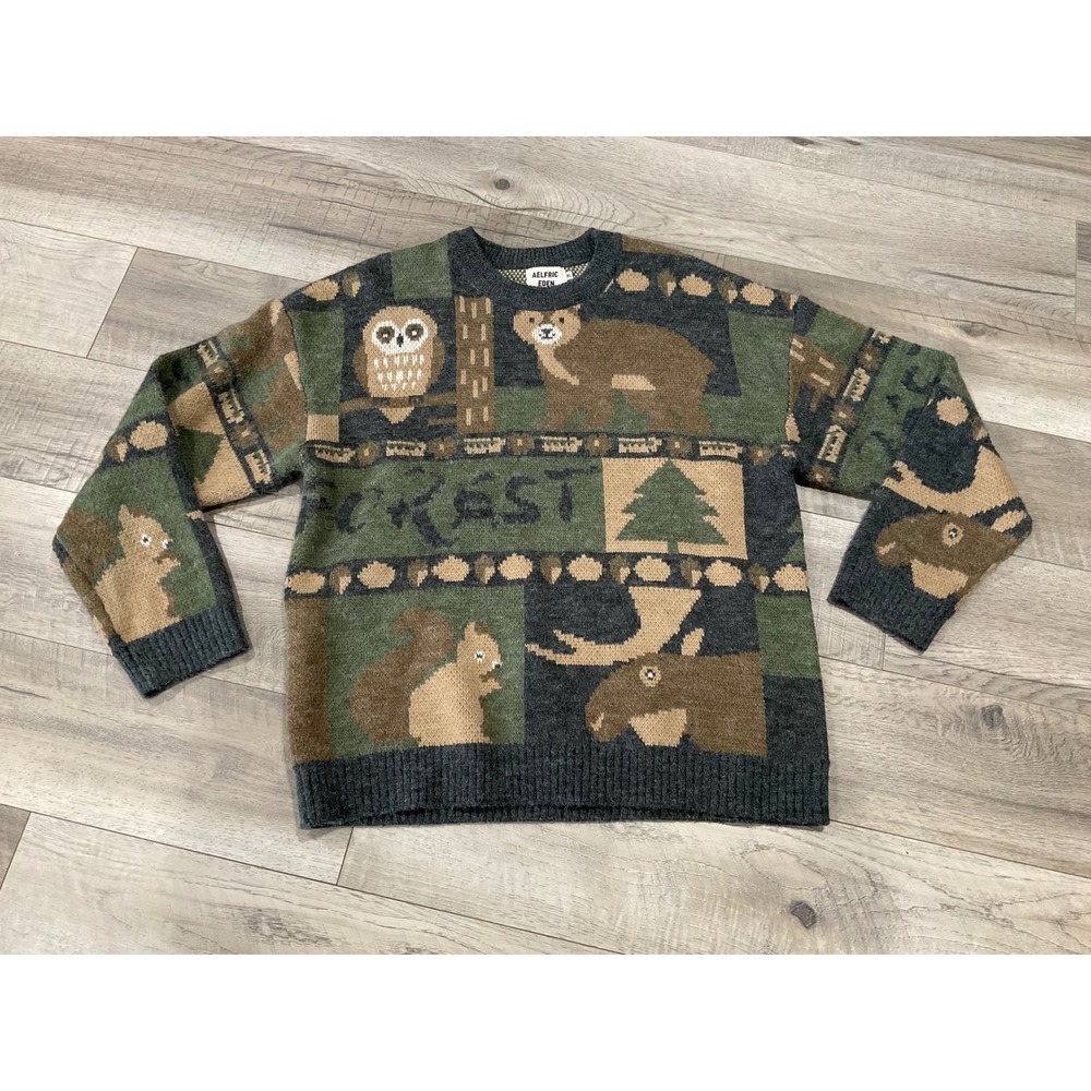 Aelfric Eden Forest Animal Knit Sweater Mens XL Oversized Bear Owl Moose Green